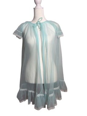 Vintage Sheer Aqua Blue Peignoir Sexy Robe W/Ruffles Lingerie FLAW